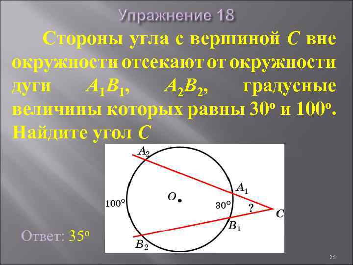 Стороны угла с вершиной C вне окружности отсекают от окружности дуги A 1 B