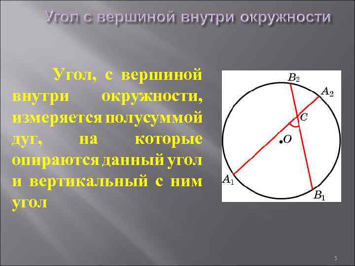 Угол, с вершиной внутри окружности, измеряется полусуммой дуг, на которые опираются данный угол и