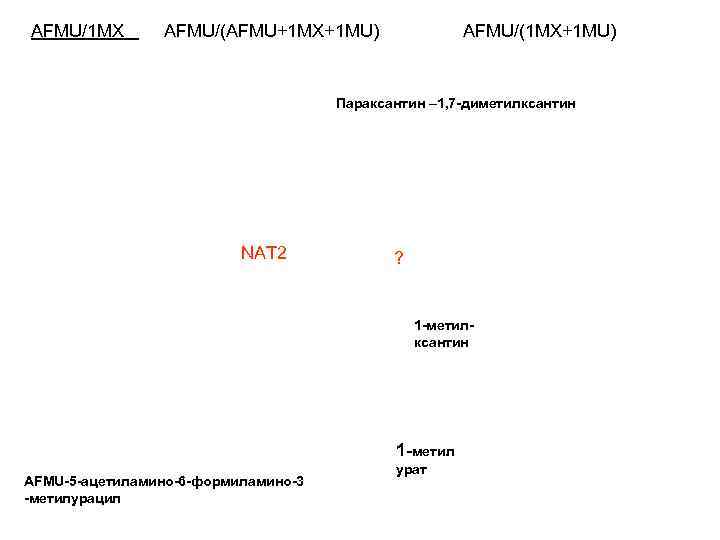 AFMU/1 MX AFMU/(AFMU+1 MX+1 MU) AFMU/(1 MX+1 MU) Параксантин – 1, 7 -диметилксантин NAT