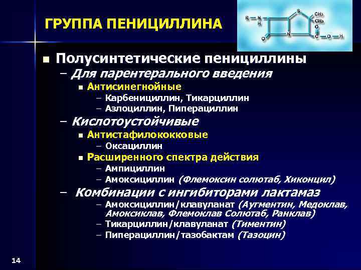 ГРУППА ПЕНИЦИЛЛИНА n Полусинтетические пенициллины – Для парентерального введения n Антисинегнойные – Карбенициллин, Тикарциллин