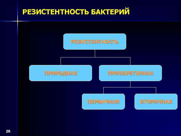 РЕЗИСТЕНТНОСТЬ БАКТЕРИЙ РЕЗИСТЕНТНОСТЬ ПРИРОДНАЯ ПРИОБРЕТЕННАЯ ПЕРВИЧНАЯ 28 ВТОРИЧНАЯ 