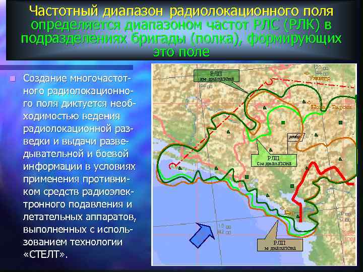 Частотный диапазон радиолокационного поля определяется диапазоном частот РЛС (РЛК) в подразделениях бригады (полка), формирующих