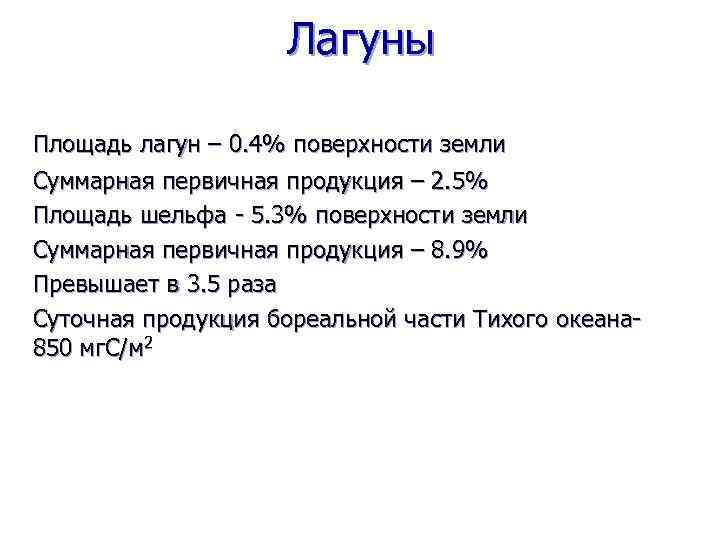 Лагуны Площадь лагун – 0. 4% поверхности земли Суммарная первичная продукция – 2. 5%