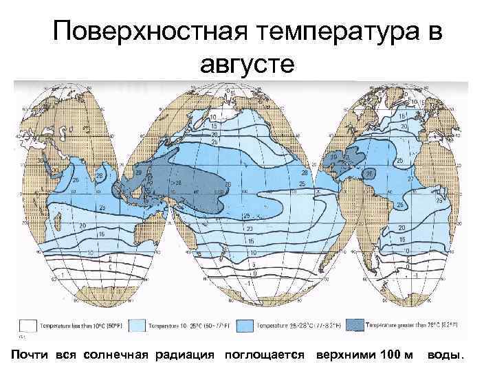 Поверхностная температура в августе Почти вся солнечная радиация поглощается верхними 100 м воды. 