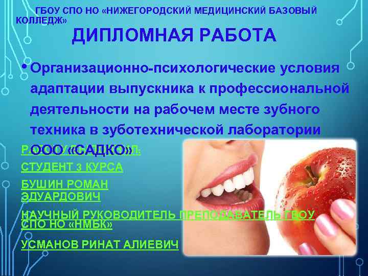 ГБОУ СПО НО «НИЖЕГОРОДСКИЙ МЕДИЦИНСКИЙ БАЗОВЫЙ КОЛЛЕДЖ» ДИПЛОМНАЯ РАБОТА • Организационно-психологические условия адаптации выпускника