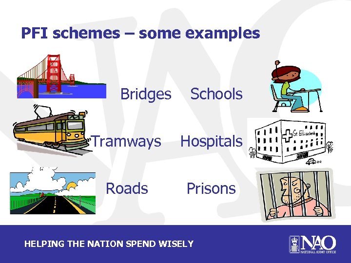 PFI schemes – some examples Bridges Schools Tramways Hospitals Roads Prisons HELPING THE NATION