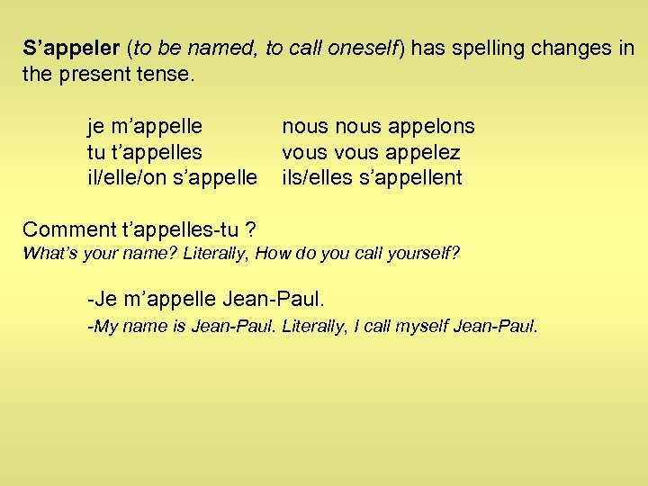 S’appeler (to be named, to call oneself) has spelling changes in the present tense.