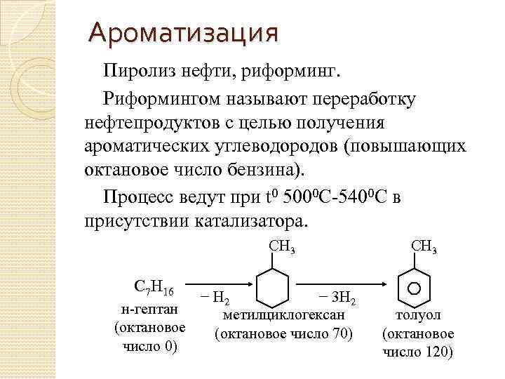 Ароматизация Пиролиз нефти, риформинг. Риформингом называют переработку нефтепродуктов с целью получения ароматических углеводородов (повышающих