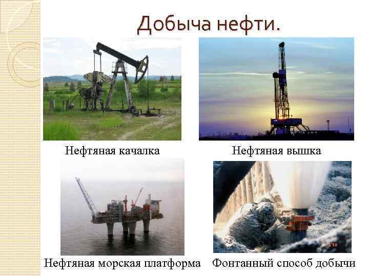 Добыча нефти. Нефтяная качалка Нефтяная вышка Нефтяная морская платформа Фонтанный способ добычи 