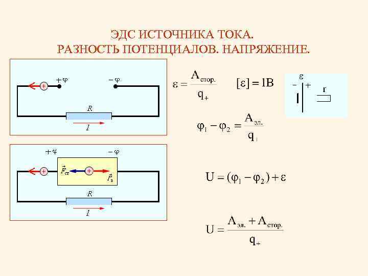 Сила тока потенциал. Разность потенциалов формула через ЭДС. Разность потенциалов, электродвижущая сила, напряжение.. Формула напряжения через ЭДС.