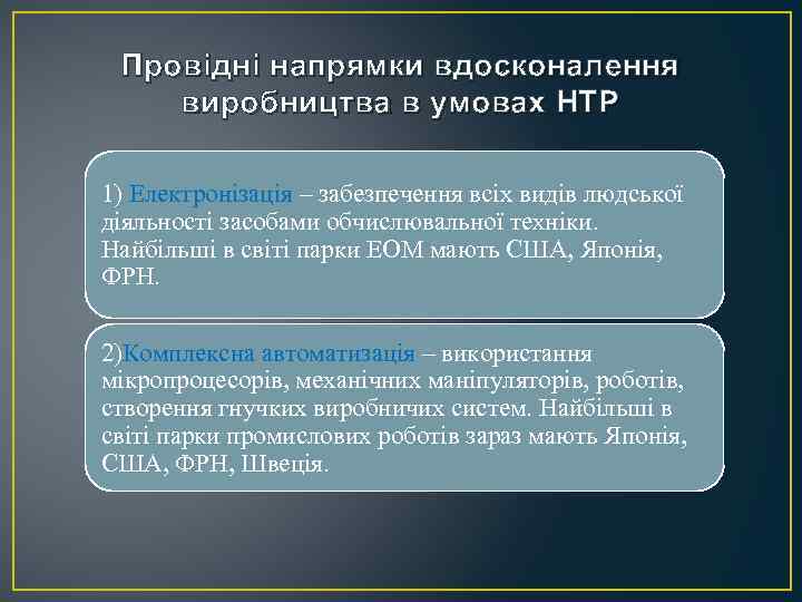 Провідні напрямки вдосконалення виробництва в умовах НТР 1) Електронізація – забезпечення всіх видів людської