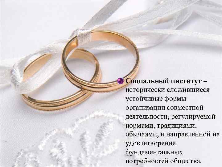 Социальный институт – исторически сложившиеся устойчивые формы организации совместной деятельности, регулируемой нормами, традициями, обычаями,