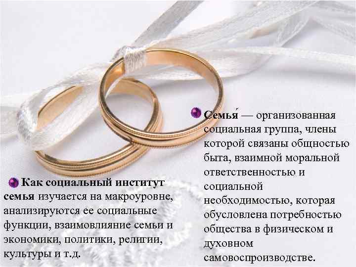 Как социальный институт семья изучается на макроуровне, анализируются ее социальные функции, взаимовлияние семьи и