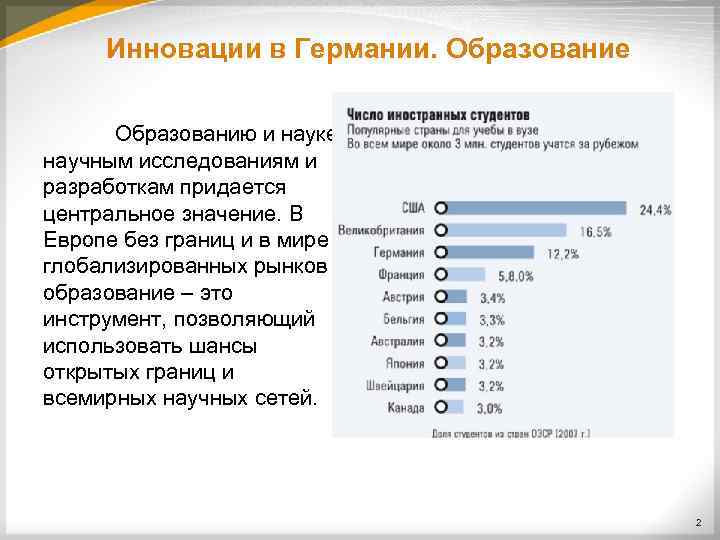 Инновации в Германии. Образование Образованию и науке, научным исследованиям и разработкам придается центральное значение.