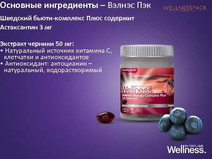 Основные ингредиенты – Вэлнэс Пэк Шведский бьюти-комплекс Плюс содержит Астаксантин 3 мг Экстракт черники