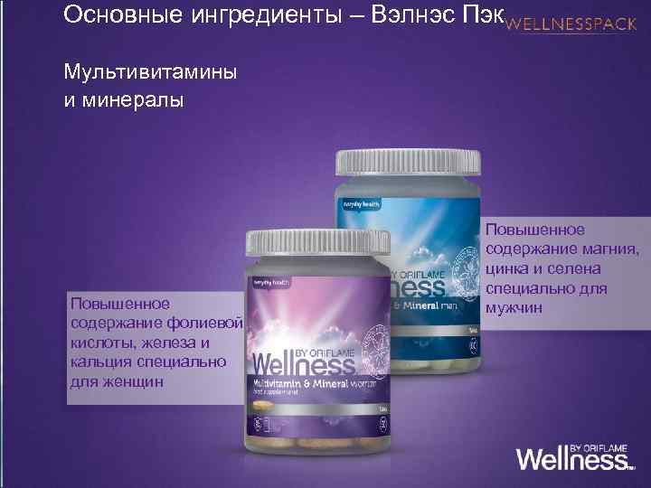 Основные ингредиенты – Вэлнэс Пэк Мультивитамины и минералы Повышенное содержание фолиевой кислоты, железа и