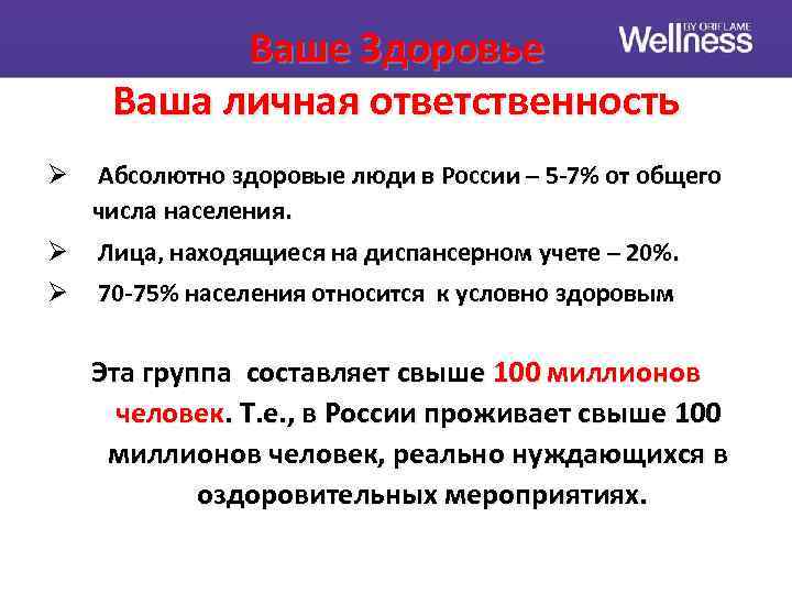 Ваше Здоровье Ваша личная ответственность Ø Абсолютно здоровые люди в России – 5 -7%