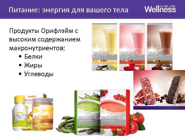 Питание: энергия для вашего тела Продукты Орифлэйм с высоким содержанием макронутриентов: • Белки •