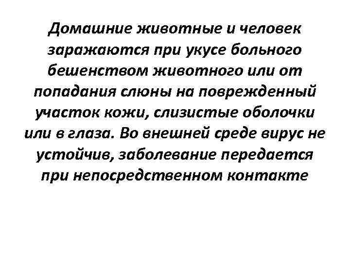 Домашние животные и человек заражаются при укусе больного бешенством животного или от попадания слюны