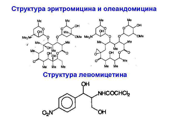 Структура эритромицина и олеандомицина Структура левомицетина 