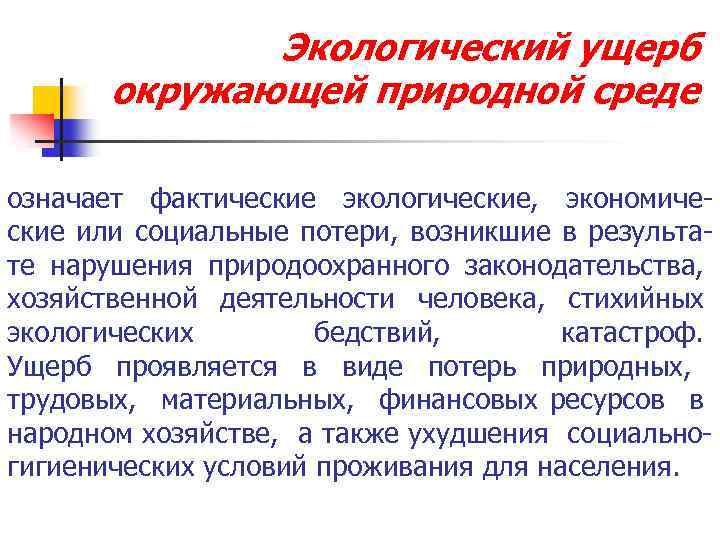 Экологический ущерб окружающей природной среде означает фактические экологические, экономические или социальные потери, возникшие в