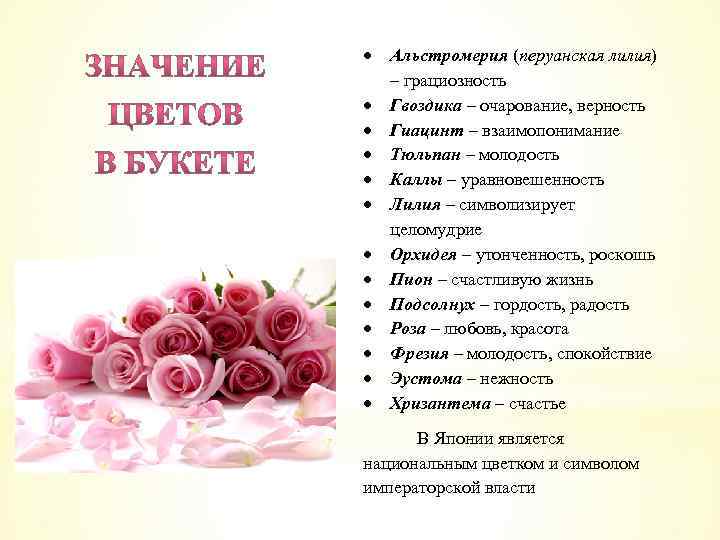  Альстромерия (перуанская лилия) – грациозность Гвоздика – очарование, верность Гиацинт – взаимопонимание Тюльпан