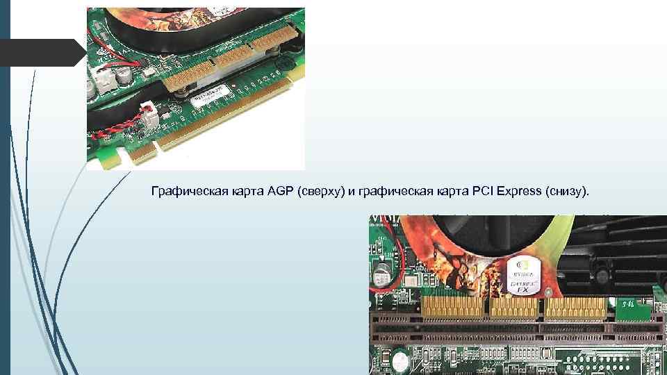 Графическая карта AGP (сверху) и графическая карта PCI Express (снизу). 