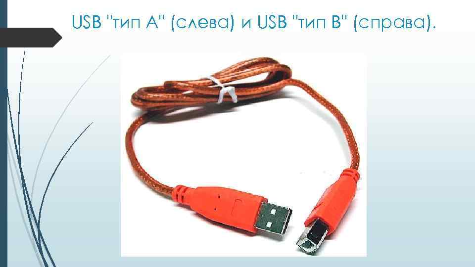 USB "тип A" (слева) и USB "тип B" (справа). 
