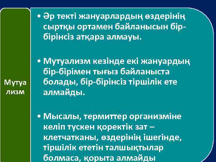  • Әр текті жануарлардың өздерінің сыртқы ортамен байланысын бірбірінсіз атқара алмауы. Мутуа лизм