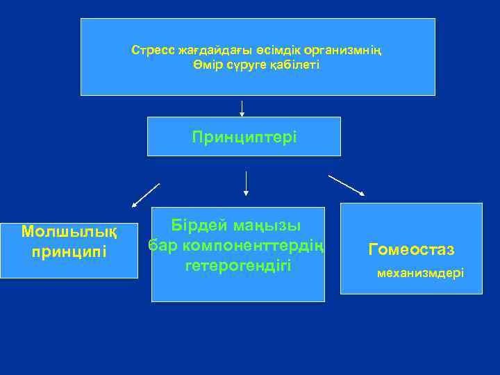 Стресс жағдайдағы өсімдік организмнің Өмір сүруге қабілеті Принциптері Молшылық принципі Бірдей маңызы бар компоненттердің