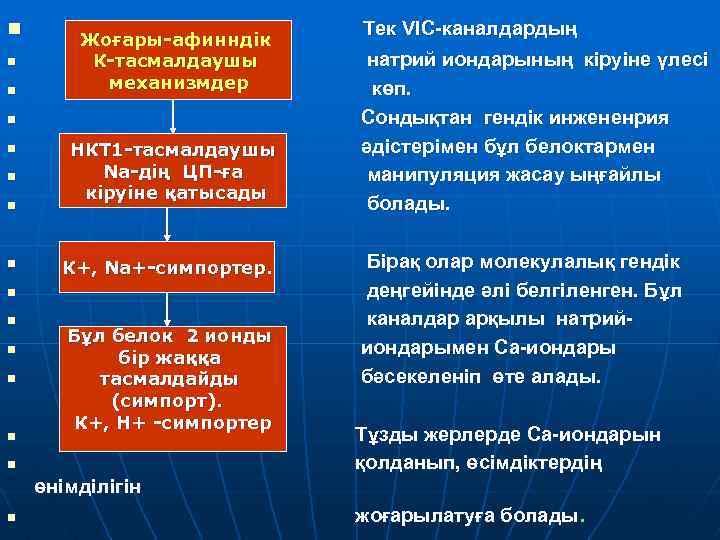 n n n Жоғары-афинндік К-тасмалдаушы механизмдер n n n НКТ 1 -тасмалдаушы Na-дің ЦП-ға