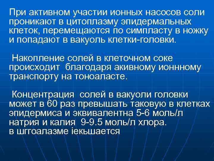 При активном участии ионных насосов соли проникают в цитоплазму эпидермальных клеток, перемещаются по симпласту