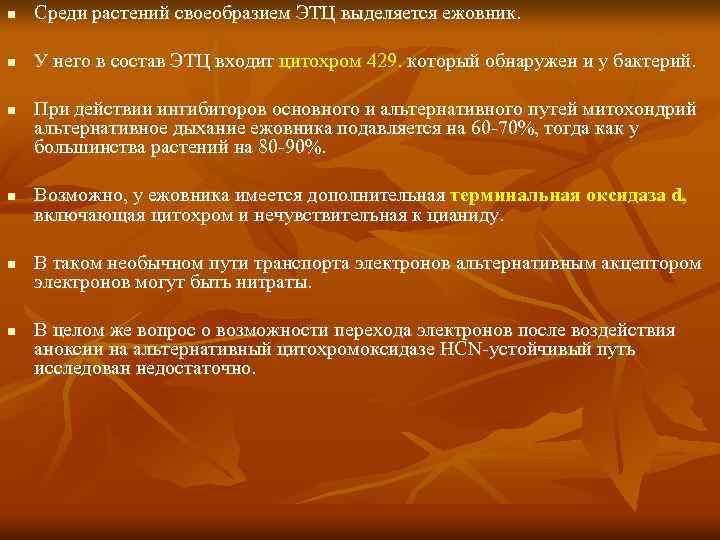 n Среди растений своеобразием ЭТЦ выделяется ежовник. n У него в состав ЭТЦ входит
