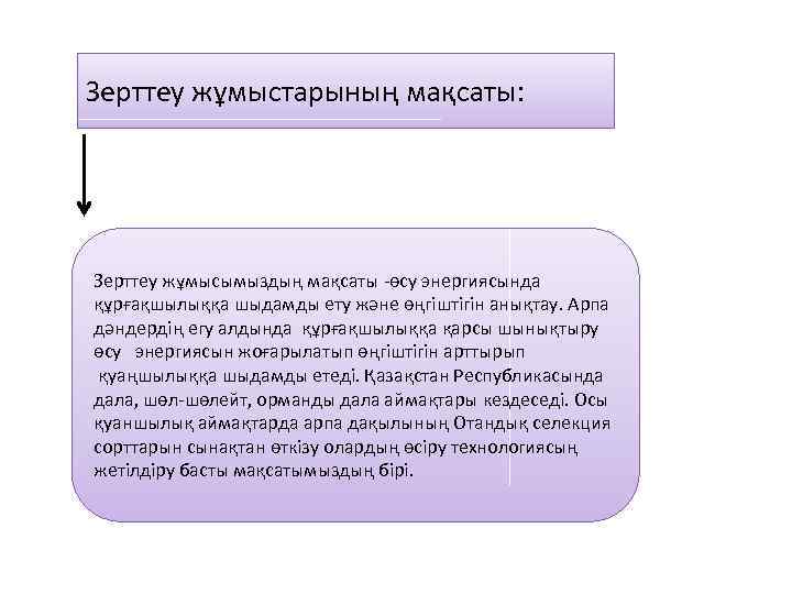 Зерттеу жұмыстарының мақсаты: Зерттеу жұмысымыздың мақсаты -өсу энергиясында құрғақшылыққа шыдамды ету және өңгіштігін анықтау.