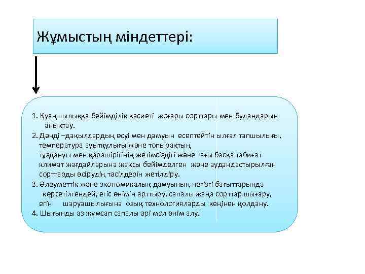 Жұмыстың міндеттері: 1. Қуаңшылыққа бейімділік қасиеті жоғары сорттары мен будандарын анықтау. 2. Дәнді –дақылдардың