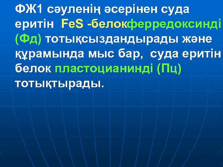 ФЖ 1 сәуленің әсерінен суда еритін Fe. S белокферредоксинді (Фд) тотықсыздандырады және құрамында мыс
