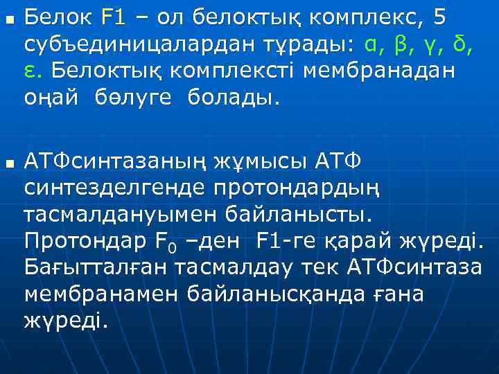 n n Белок F 1 – ол белоктық комплекс, 5 субъединицалардан тұрады: α, β,