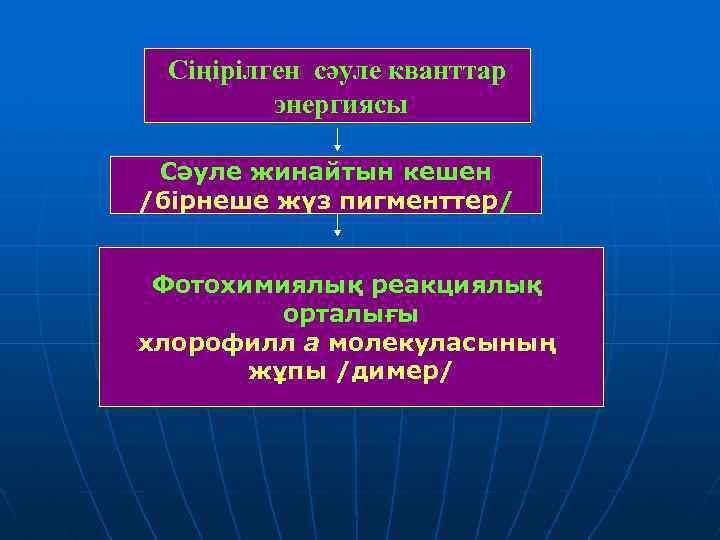 Сіңірілген сәуле кванттар энергиясы Сәуле жинайтын кешен /бірнеше жүз пигменттер/ Фотохимиялық реакциялық орталығы хлорофилл