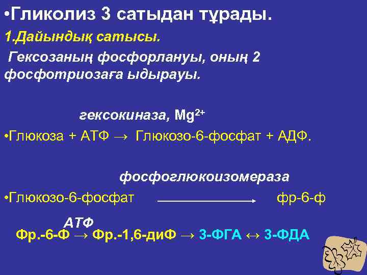  • Гликолиз 3 сатыдан тұрады. 1. Дайындық сатысы. Гексозаның фосфорлануы, оның 2 фосфотриозаға