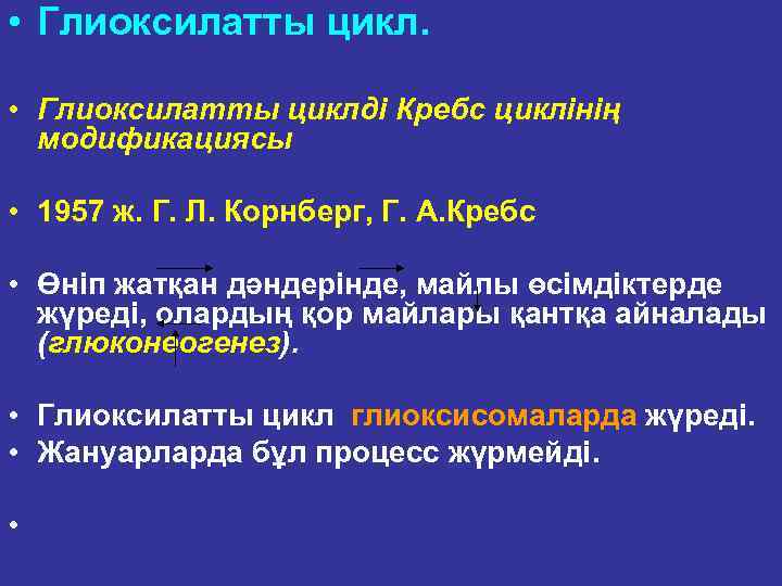  • Глиоксилатты циклді Кребс циклінің модификациясы • 1957 ж. Г. Л. Корнберг, Г.