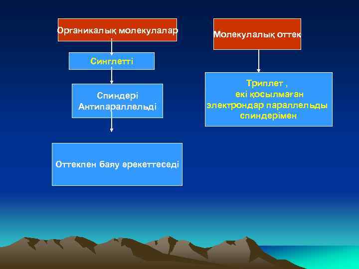 Органикалық молекулалар Молекулалық оттек Синглетті Спиндері Антипараллельді Оттекпен баяу әрекеттеседі Триплет , екі қосылмаған