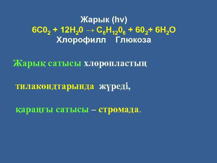 Жарык (hv) 6 С 02 + 12 Н 20 → С 6 Н 1206