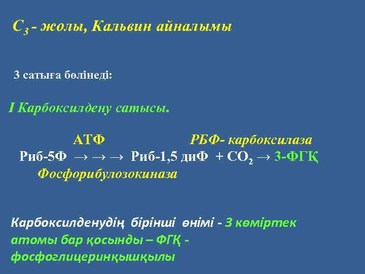 С 3 - жолы, Кальвин айналымы 3 сатыға бөлінеді: I Карбоксилдену сатысы. АТФ РБФ-