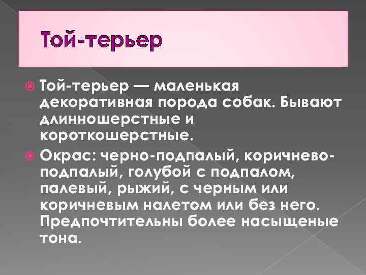 Той-терьер — маленькая декоративная порода собак. Бывают длинношерстные и короткошерстные. Окрас: черно-подпалый, коричневоподпалый, голубой
