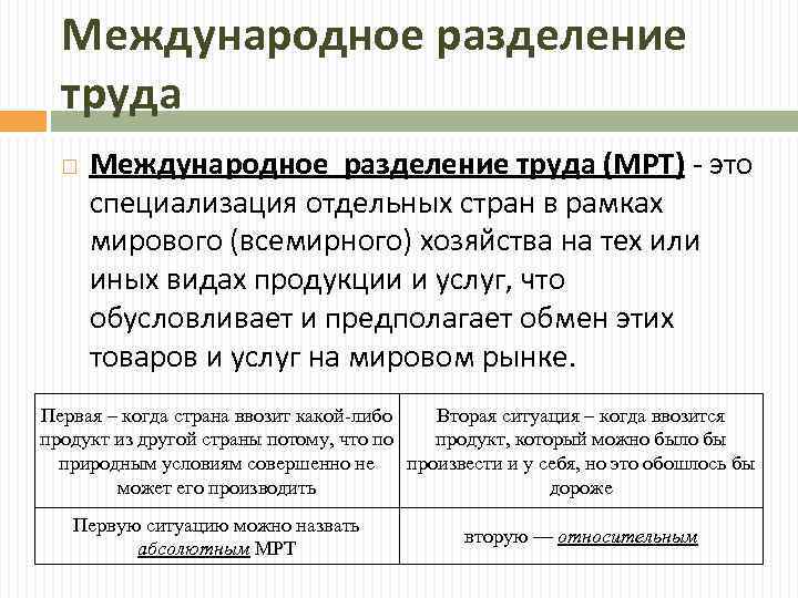 Международное разделение труда (МРТ) это специализация отдельных стран в рамках мирового (всемирного) хозяйства на