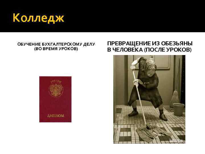 Колледж ОБУЧЕНИЕ БУХГАЛТЕРСКОМУ ДЕЛУ (ВО ВРЕМЯ УРОКОВ) ПРЕВРАЩЕНИЕ ИЗ ОБЕЗЬЯНЫ В ЧЕЛОВЕКА (ПОСЛЕ УРОКОВ)