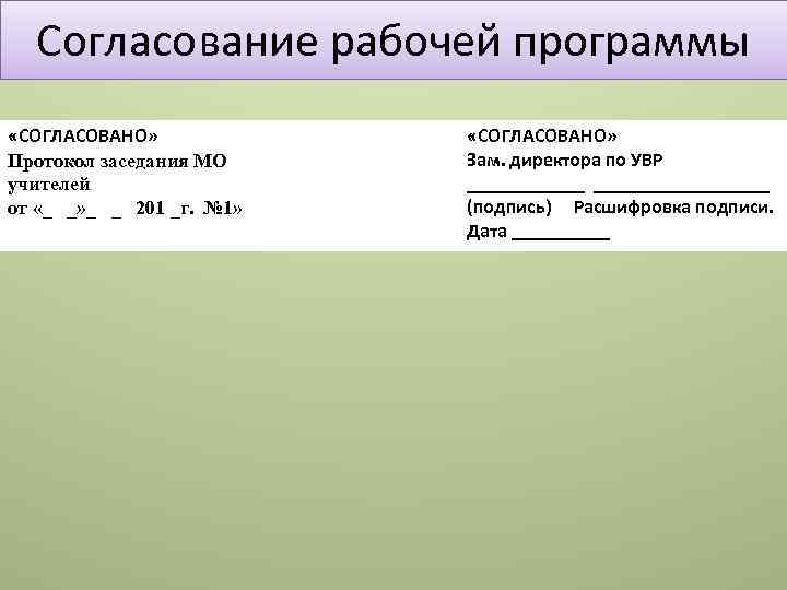 Согласование рабочей программы «СОГЛАСОВАНО» Протокол заседания МО учителей от «_ _» _ _ 201