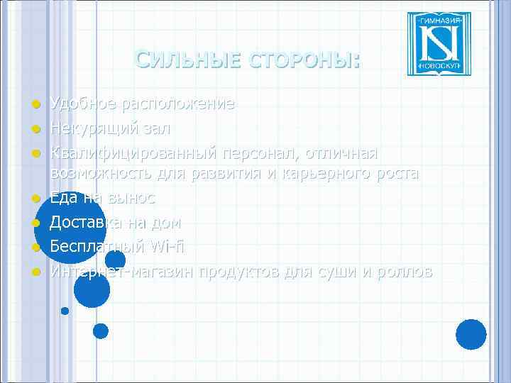 СИЛЬНЫЕ СТОРОНЫ: l l l l Удобное расположение Некурящий зал Квалифицированный персонал, отличная возможность