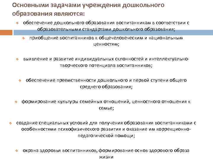 Основными задачами учреждения дошкольного образования являются: v обеспечение дошкольного образования воспитанникам в соответствии с