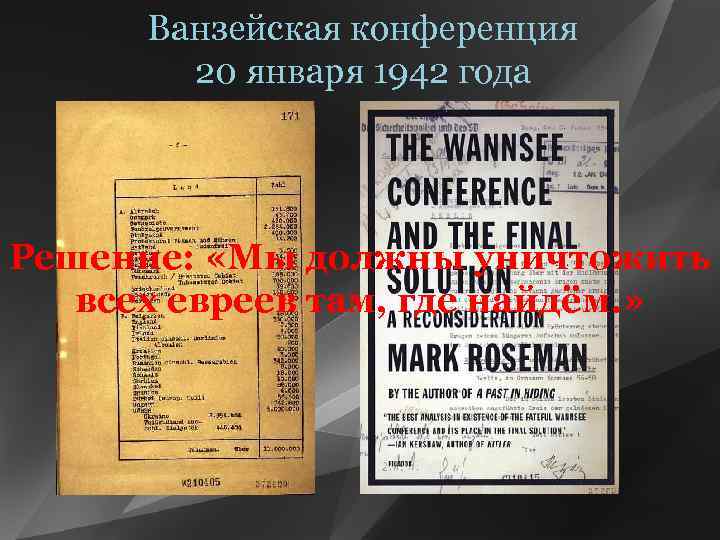 Ванзейская конференция 20 января 1942 года Решение: «Мы должны уничтожить всех евреев там, где